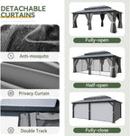 Aoxun 12'x20' Hardtop Gazebo, Aluminum Frame Permanent Pavilion with Curtains and Netting, Outdoor Polycarbonate Double Roof Canopy, Designed for Garden, Lawns, Patio, Gray