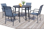 5 Pieces Round Dining Table Set for 4, Patio Dining Set Includes 4 Blue Stackable Patio Chairs and 1 Black Round Table, Patio Furniture Setss with Sling Support for Outside, Garden