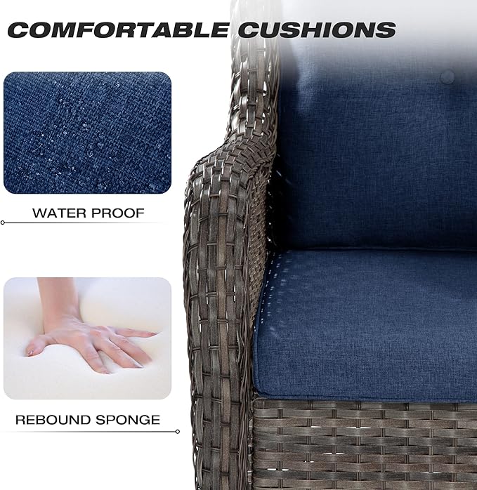 Joyside Wicker Patio Furniture Sets 7 Piece Set with One 3-Seat Sofa, Four Armchairs, Two Ottomans, Wicker Outdoor Furniture Sectional Conversation Set(Mixed Grey/Blue)