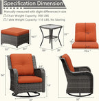 5 Piece Outdoor Patio Furniture Set Wicker Conversation Set Swivel Rocking Chairs with Side Table and Ottomans for Backyard, Porch, Deck, Orange