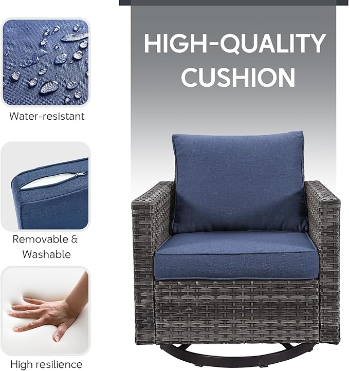Outdoor Swivel Rocker Chairs - 5 Piece Patio Bistro Set Wicker Patio Rocking Chairs Set with Side Table and Ottomans, 360° Swivel Glider Proch Furniture for Balcony Deck - Grey/Blue