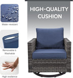 6 Piece Wicker Patio Furniture Set - Outdoor Swivel Rocker Chairs Set with Coffee Table, 3 Seat Sofa & Ottomans, Small Patio Conversation Sets Proch Furniture for Balcony Deck - Grey/Blue