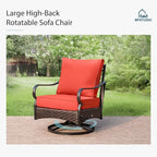 MFSTUDIO 4 Pieces Outdoor Patio Furniture Set, Metal Outdoor Conversation Set, Rattan Wicker Patio Sectional Set with 2 x Swivel Single Sofa, 3-Seat Sofa, 1 x Fire Pit Table, Red