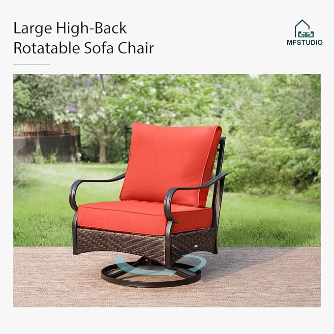MFSTUDIO 4 Pieces Outdoor Patio Furniture Set, Metal Outdoor Conversation Set, Rattan Wicker Patio Sectional Set with 2 x Swivel Single Sofa, 3-Seat Sofa, 1 x Fire Pit Table, Red