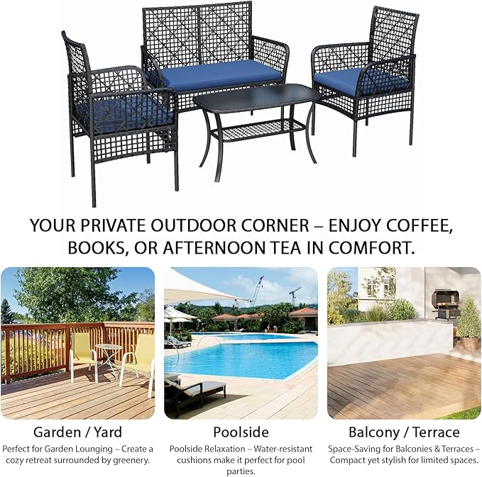 4-Piece Patio Furniture Set, Weather-Resistant Rattan Patio Conversation Set with Two-Tier Coffee Table, Upholstered Openwork Wicker Furniture for Porch, Garden, Lawn, Blue