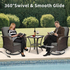 3 Pieces Patio Furniture Set, Outdoor Swivel Rocking Chair Set of 2 with Side Table - 360° Swivel, Thick Cushions, All-Weather Bistro Set for Deck, Porch, Pool (Grey, Brown Full-Weave Rattan)