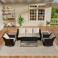 Vista Vibe 5 Pieces Outdoor Rattan Patio Conversation Furniture Set - 78" 3-Seat Sofa | 2 Swivel Glider Rocker Chairs | Wicker End Table | Metal Table, Upholstered Loveseat, Deck (Brown/Beige)