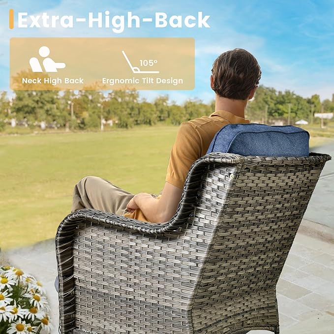 HOOOWOOO Patio Furniture Set,7 Piece Outdoor Furniture Set with Fire Pit Table,Wicker Patio Conversation Couch Swivel Chairs Ottoman Set,Denim Blue