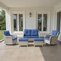 Patio Chairs Set, 5 PCS Furniture with Loveseat, Swivel Rocker Patio Chairs and 2 Wicker Ottoman, Light Grey / Blue, Casual/Tropical Style