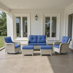 Patio Chairs Set, 5 PCS Furniture with Loveseat, Swivel Rocker Patio Chairs and 2 Wicker Ottoman, Light Grey / Blue, Casual/Tropical Style
