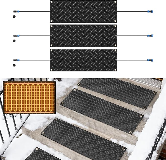 Snow Melting Mats Outdoor for Stairs,10 x 30 in 2 Pack No-Slip Heated Outdoor Mats with 10 ft Power Cord, 3 in/h Speed Snow and Ice Melting Pads for Winter Outdoor Stairs, Steps Snow Removal
