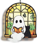 Ghost Black Cat Suncatcher, Ghost Reading Book Halloween Decor