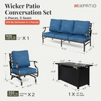 Patio Furniture Set, 4 Pcs Metal Outdoor Conversation Set, 2 Rocking Chairs and 3 Seater Sofa with 5.75" Extra Thick Cushion and Gas Fire Pit Table for Backyard Deck, Gemstone Blue