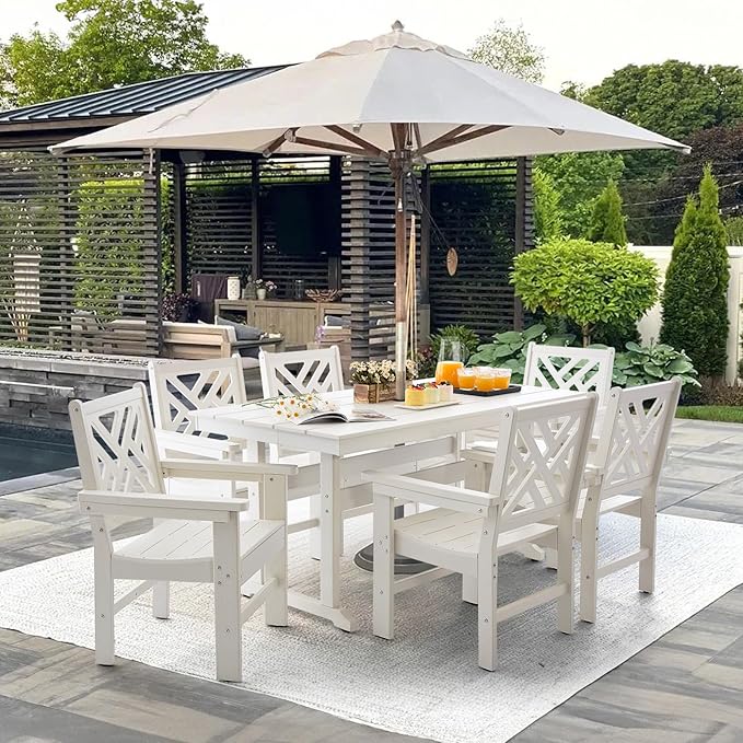 7 Piece HDPE Outdoor Dining Set for 6, Patio Dining Furniture Set with Umberlla Hole, Weather Resistent Outdoor Table and Chairs for Garden, Poolside, Backyard, Deck,White