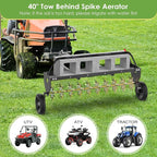 Seeutek 40 Inch Tow Behind Spike Aerator - Heavy Duty Rolling Lawn Aerator with 3D Steel Tines & Weight Tray, Extra-Wide Tow Bar Soil Penetrator Spikes Tractor with Folding Shovel for Lawn Garden Farm
