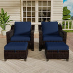 Vista Vibe 4 Pieces Outdoor Patio Conversation Furniture Set - 2 Luxurious Armchairs | 2 Wicker Ottomans, Removable Cushions, Hand-Woven PE Rattan, Office, Porch (Brown/Navy)
