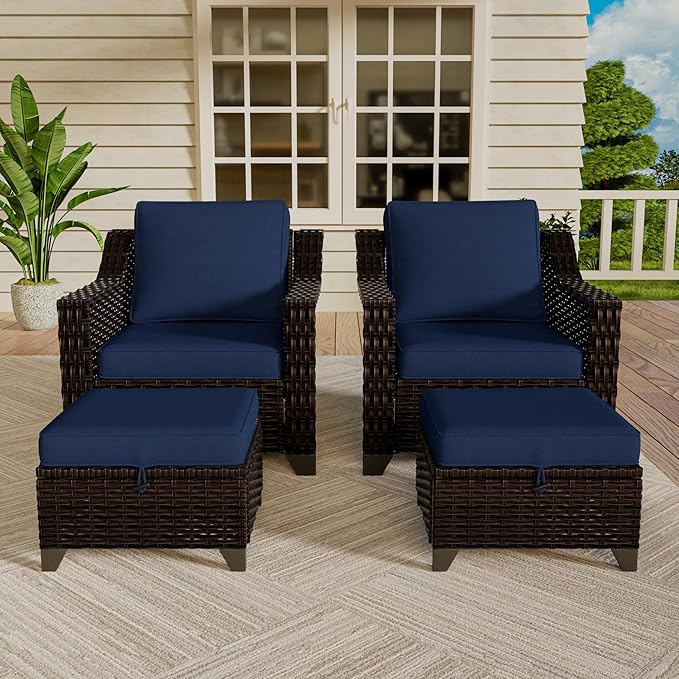 Vista Vibe 4 Pieces Outdoor Patio Conversation Furniture Set - 2 Luxurious Armchairs | 2 Wicker Ottomans, Removable Cushions, Hand-Woven PE Rattan, Office, Porch (Brown/Navy)