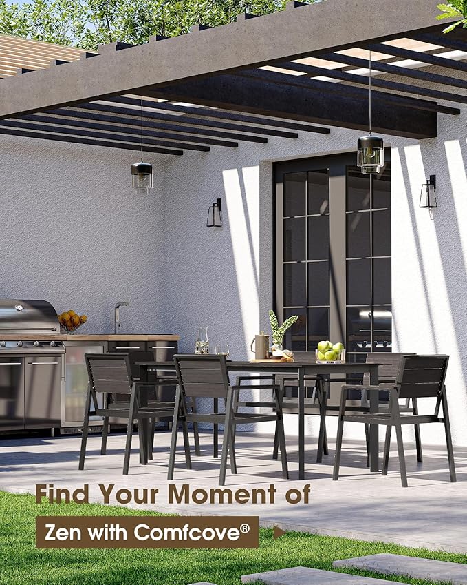 Patio Outdoor Dining Set for 6, Aluminum 7 Piece HDPE Outdooor Table and Chairs Set with Umbrella Hole, Modern Rectangular Patio Furniture Set with All-Weather Table & 6 Chairs (Charcoal)