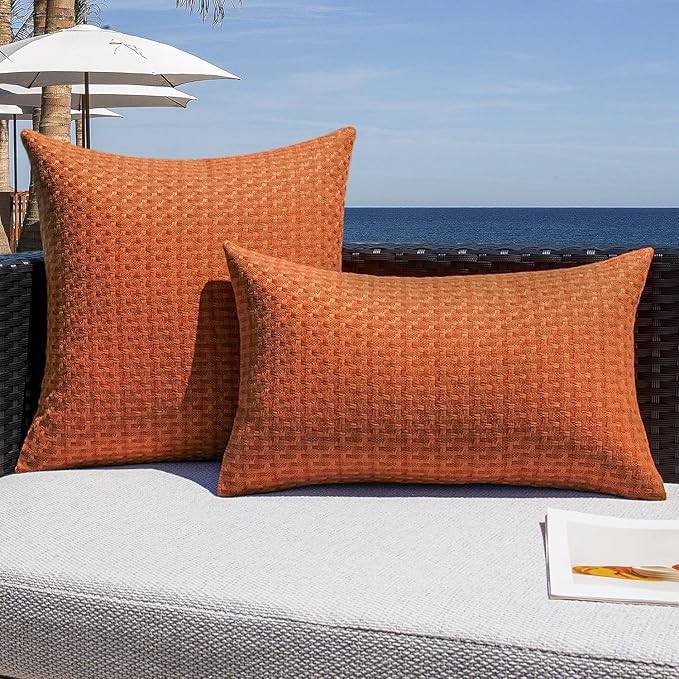 Kevin Textile Fall Outdoor Waterproof Throw Pillow Covers Pack of 2 Farmhouse Decorative Cushion Covers for Garden Patio Tent Balcony Bench Couch Sofa 22x22 Inch, Burnt Orange