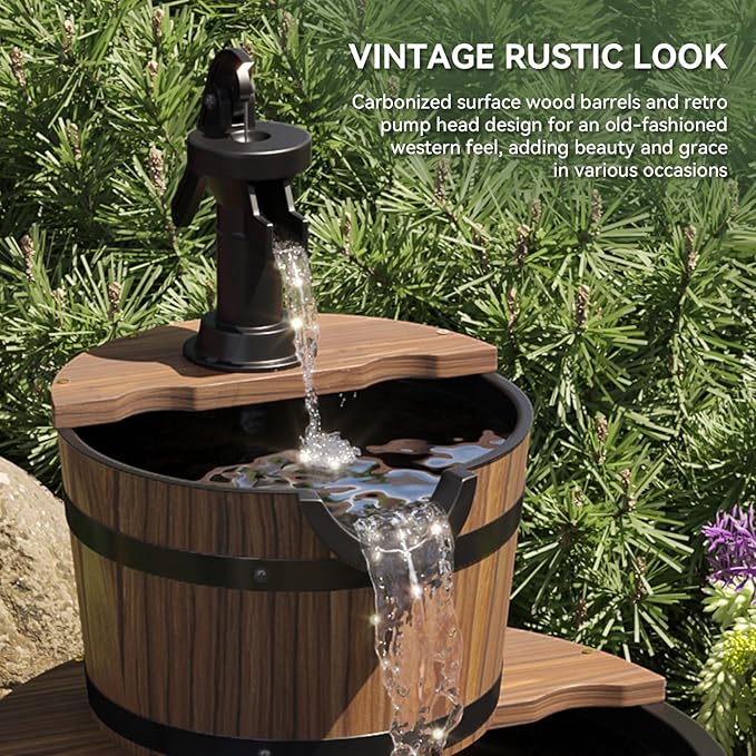 Aoxun 2-Tier Outdoor Water Fountain, Wood Barrel Cascading with Electric Decorative Hand Pump, Rustic Waterfall Fountain for Garden, Backyard, Patio, Porch, Yard