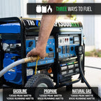 DuroMax XP13000HXT 13,000-Watt 500cc Tri Fuel Gas Propane Natural Gas Portable Generator with CO Alert, Black/Blue