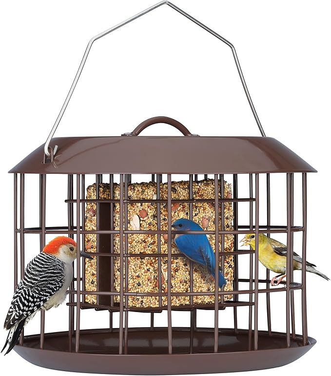 Kingsyard Squirrel Proof Suet Feeder, Cage Bird Feeders for Outdoors Hanging, All Metal, Double Suet Cake Capacity, Tray & Weatherproof, Brown