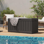 Patiolife 85 Gallon Resin Deck Box, Wood Like Outdoor Storage Box for Garden Tools, Pool Supplies, Waterproof and Lockable, Black