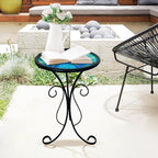 HONGLAND Outdoor Side Table, 12" Round Small Outdoor Glass End Table, Glass Plant Stand, Small Bistro Coffee Table for Garden Patio Porch Living Room （Peacock）