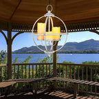 Battery Operated Outdoor Candle Chandelier - White Metal Globe Hanging Pendant Light with 3 Flameless Candles, 12.6" Waterproof Lights for Gazebo, Pergola, Garden, Porch & Backyard