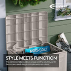 Suncast 22-Gal. Waterproof Resin Small Outdoor Patio Deck Box with Reeded Design, Modern Outdoor Patio Bench/Storage Box for Cushions, Garden Tools, and More, French Gray