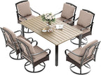 7 Piece Patio Dining Sets for 6, Outdoor Table and Chairs with Cushioned Wicker Swivel Patio Chairs & Wood-Like Dining Table (1.61-2”Umbrella Hole), Outdoor Dining Sets for Backyard