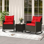ORALNER 3 Pieces Wicker Rocker Set Patio Furniture Set, Outdoor Rocking Chairs with Soft Cushions, Glass Coffee Table, Rattan Conversation Bistro Set for Front Porch Balcony Garden Deck Poolside (Red)