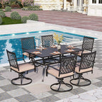 PHI VILLA 7 Pieces Outdoor Dining Set for 6, 60" Rectangle Metal Steel Table with Umbrella Hole & Swivel Wrought Iron Chairs with Cushions, Large Furniture Set for Patio, Deck, Porch, Yard