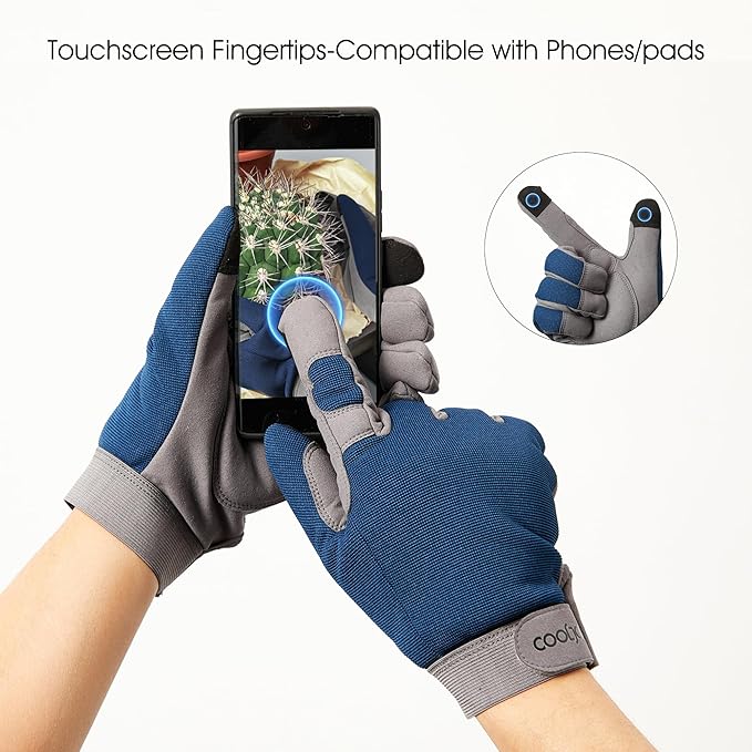 COOLJOB Thorn Proof Garden Gloves with Touchscreen Fingers for Men, Rose Pruning Work Gloves with Palm Cushion for Gardener, Farmer and Landscaper (Navy 1 Pair XL)
