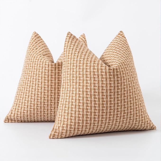 Kevin Textile Outdoor Waterproof Throw Pillow Covers Pack of 2 Farmhouse Decorative Cushion Covers for Garden Patio Tent Balcony Bench Couch Sofa 20x20 Inch, Light Brown
