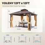 YOLENY 12' x 12' Gazebo Hardtop with Aluminum Frame,Galvanized Steel Double Roof Gazebos with Curtain and Netting,Outdoor Metal Pergolas for Garden, Lawn, Deck, Brown