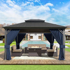 Gotland 12' x 14' Navy Hardtop Gazebo with Curtains and Netting, Double Roof Iron Metal Pergola for Patio, Garden, Lawn