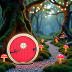 Red Fairy Garden Door for Tree, Fairy Doors for Trees Outdoor and Tree Trunk, Mini Fairy Garden Sculpture Lawn Ornament Decor, Fairytale Tiny House Doors Mini Gift, Fairytales Door Decoration