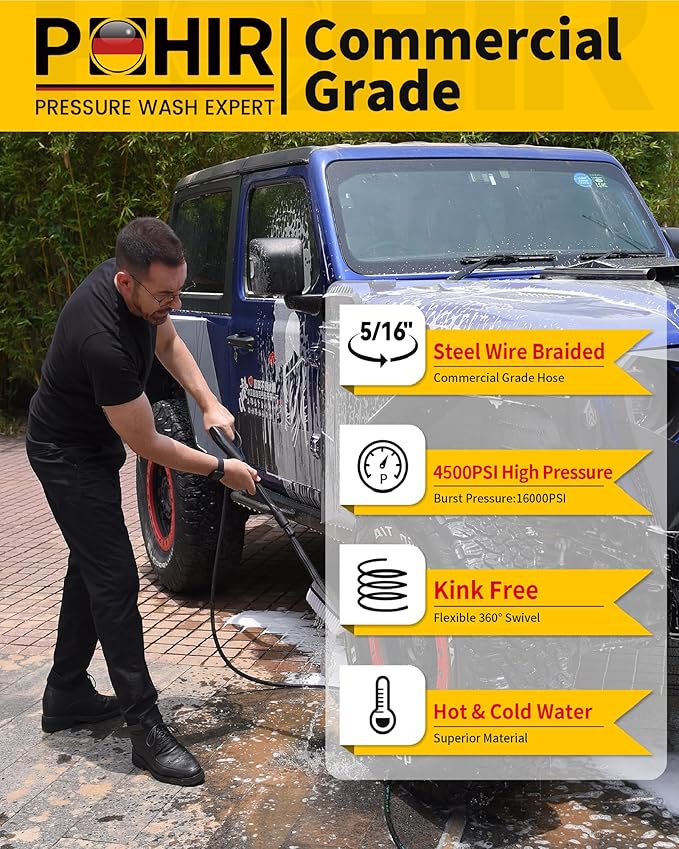 POHIR Pressure Washer Hose 70ft 4500PSI, Power Washer Hose Steel Wire Braided 3/8'' Swivel Quick Connect, 5/16'' ID. Commercial Grade Industrial High Pressure Water Washing Hose
