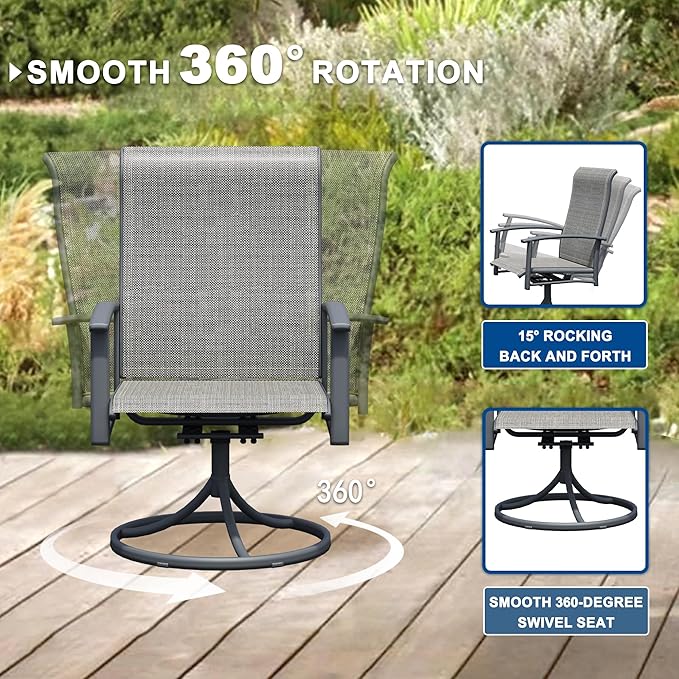 Patio Swivel Chairs Set of 8, Outdoor Swivel Chairs with Armrest, High Back Patio Chair with Metal Frame, All-Weather Outdoor Dining Chair for Deck, Porch and Lawn, Grey