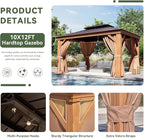 Aoxun 10' x 12' Hardtop Gazebo, Wooden Finish Coated Aluminum Frame Canopy, Galvanized Steel Double Top, Outdoor Permanent Metal Pavilion with Curtains and Netting, for Backyard, Patio and Deck