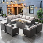 HUMMUH 8 Piece Patio Furniture with Fire Pit,PE Wicker Outdoor Conversation Sets-6-Seater Sofa,Patio Swivel Chairs Outdoor Chairs, Propane Fire Pit,Side Table for Porch,Garden,Backyard(Brown/Beige)