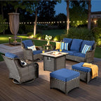 HOOOWOOO Patio Furniture Set,7 Piece Outdoor Furniture Set with Fire Pit Table,Wicker Patio Conversation Couch Swivel Chairs Ottoman Set,Navy Blue