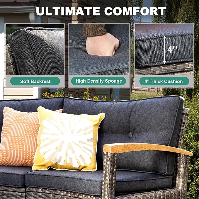MEISSALIVVE 11 Piece Outdoor Patio Furniture Set, Half-Moon Curved Sectional Sofa Rattan Conversation Set with Wood Armrests, Coffee Table & 2 Side Table（Grey）