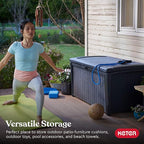 Keter Borneo 110 Gallon Storage Box, All-Weather Wicker Rattan-Style Resin Deck Box and Stylish Outdoor Bench with Piston-Assisted Lockable Lid, Grey