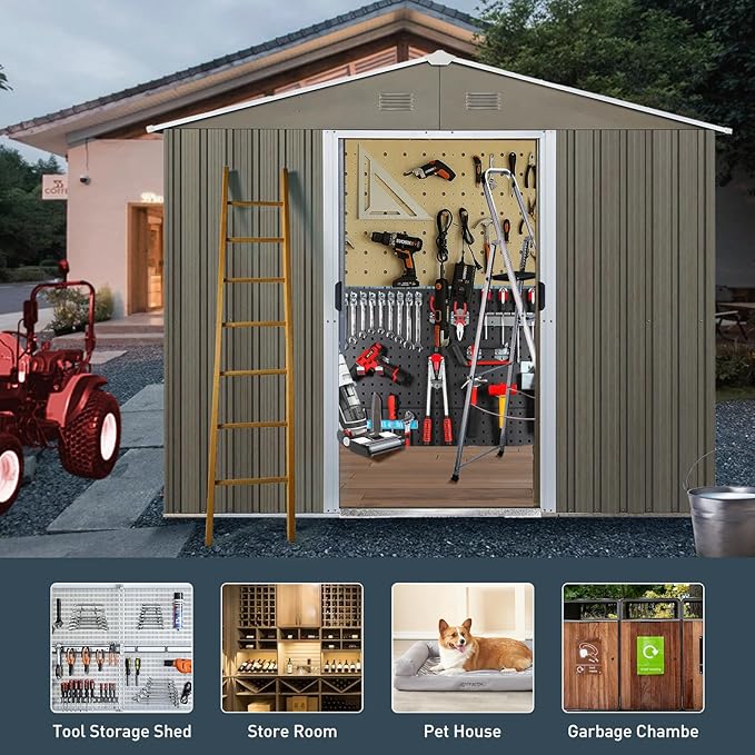 6x8 FT Outdoor Storage Shed, Metal Garden Shed with Frame Floor, Outside Tool Shed with Window, Waterproof Storage Building with Lockable Sliding Doors & Sloped Roof for Backyard, Patio, Gray