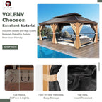 YOLENY 12' x 20' Hardtop Gazebo Wood Grain Pergola with Galvanized Steel Double Roof, Aluminum Frame, Outdoor Patio Gazebo with Netting and Curtains for Deck, Backyard, Patio and Lawns