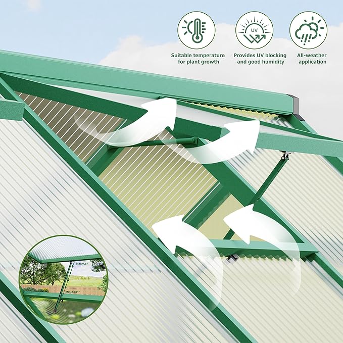 6x11 FT Outdoor Greenhouse, Polycarbonate Greenhouse with Roof Vent and Ground Nails, Aluminum Large Walk-in Green House w/ Lockable Push Door for Outside Garden Backyard (Green, 6x11 FT)