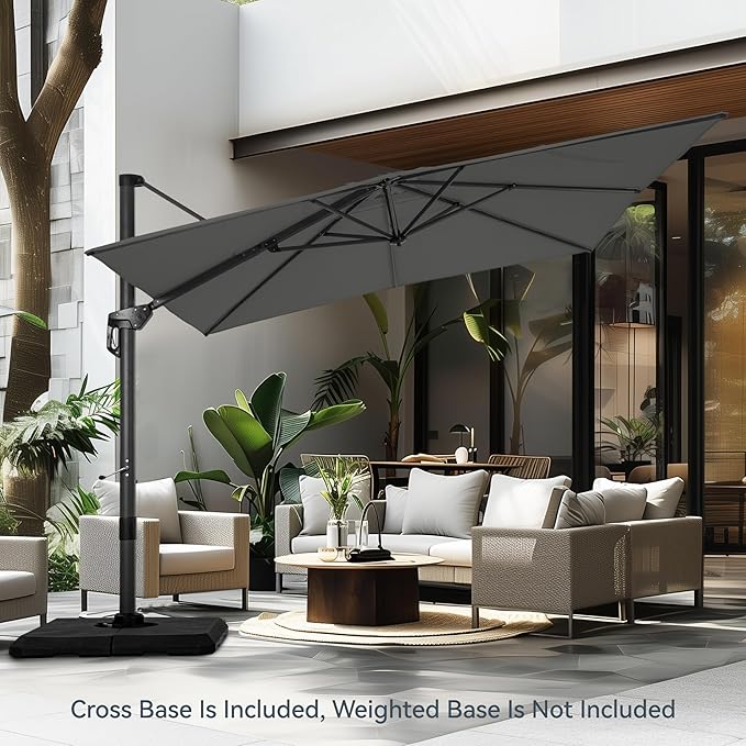 PHI VILLA 10ft Cantilever Patio Umbrella with Crank Handle, 7-Level Tilt & 360° Rotation, Aluminum Square Outdoor Offset Umbrella Windproof & Crashproof for Garden, Deck, Pool (Grey)