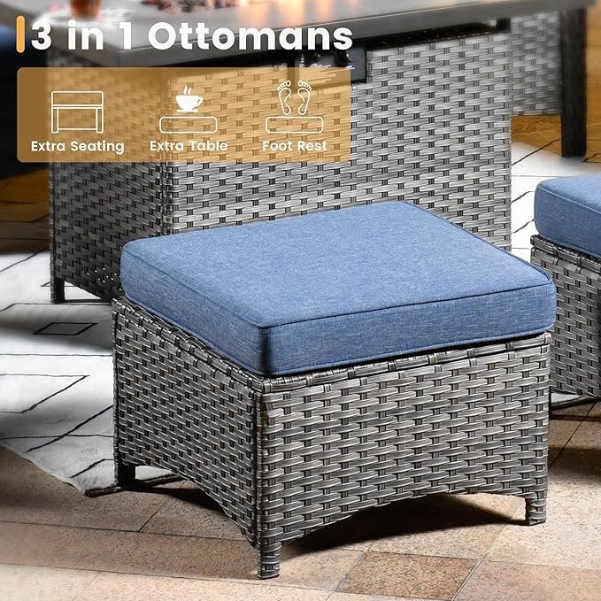 HOOOWOOO Patio Furniture Set,5 Piece Outdoor Furniture Set,Wicker Patio Conversation Couch Chairs Ottoman Set,Denim Blue